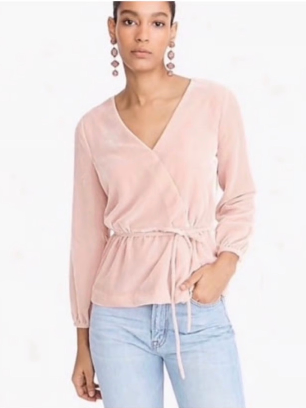 J Crew Women's Faux Wrap Ling Sleeve Belted Blouse in Blush Pink with side zip